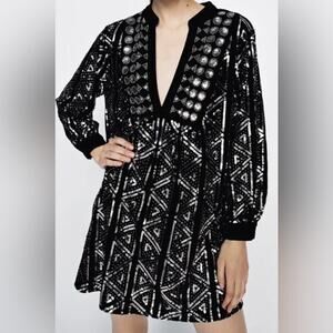 Zara black velvet silver sequins long sleeve pop over mini dress size XS.